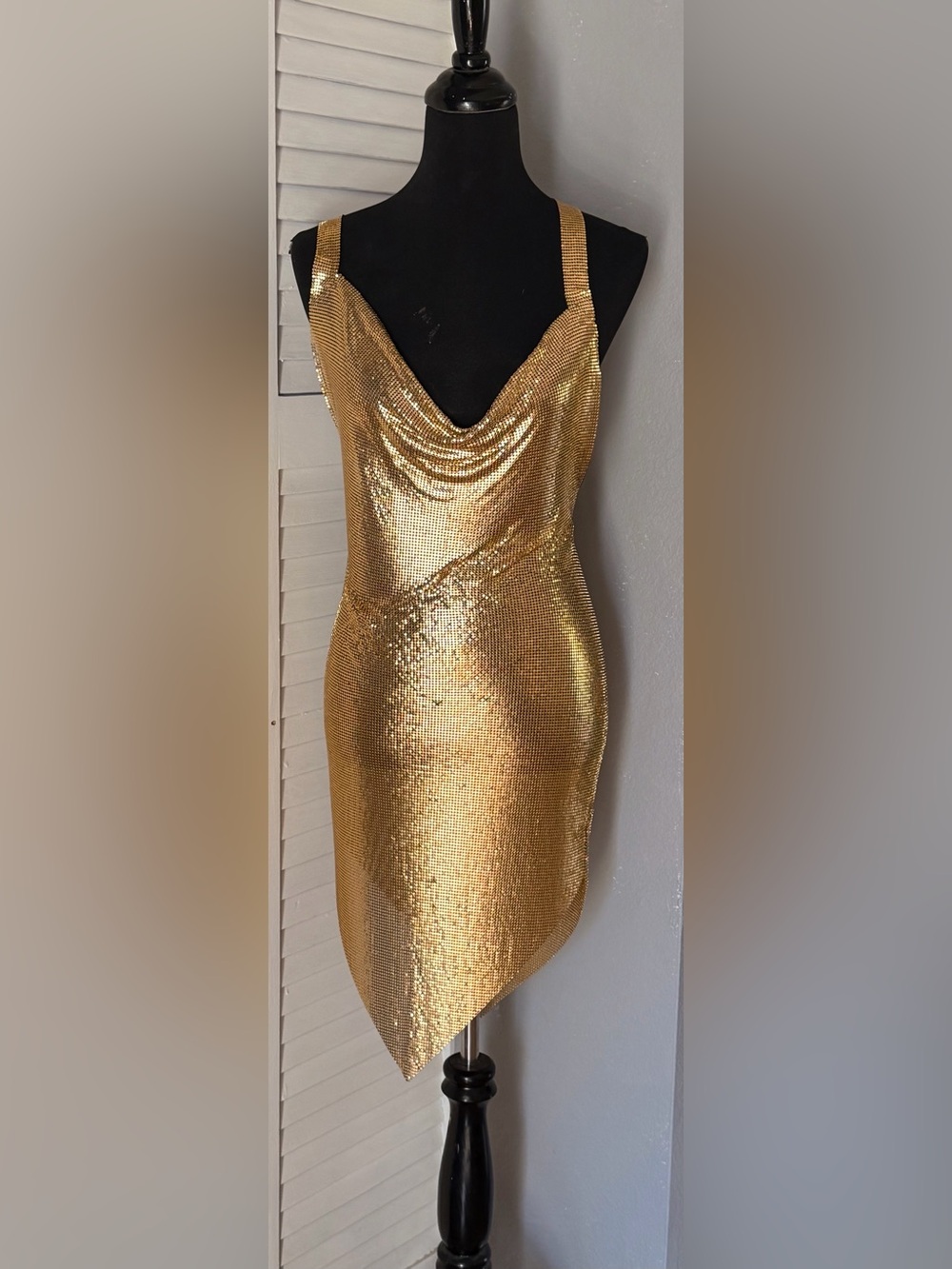 Gold Metal Mesh Cowl Neck Women's Dress - Picture 1 of 3